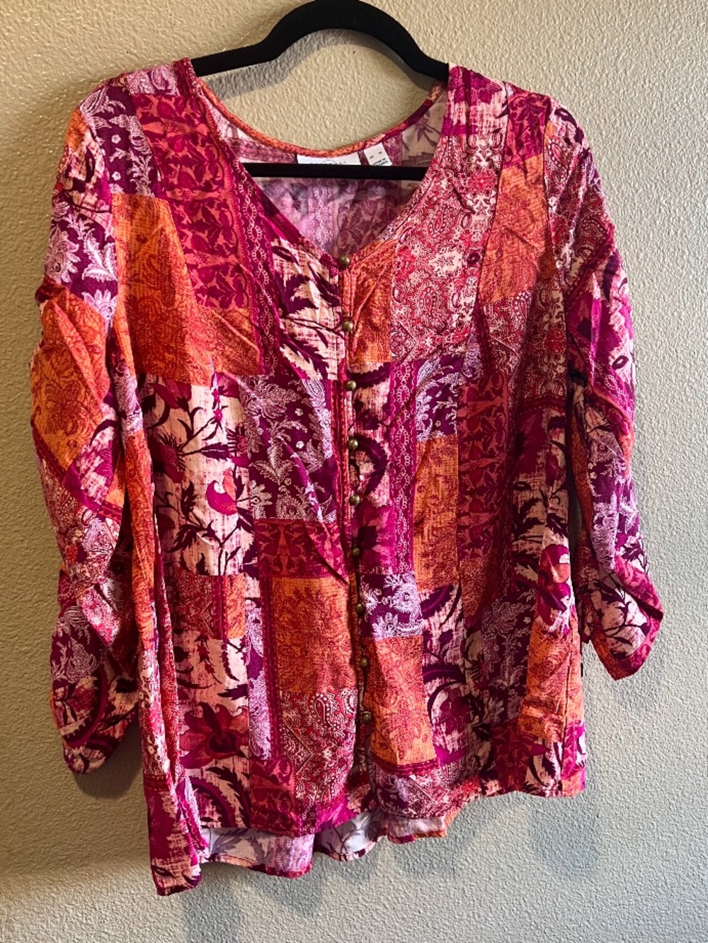 Women’s V-Neck Patchwork Print Blouse in Pink & Orange size XL boho coastal